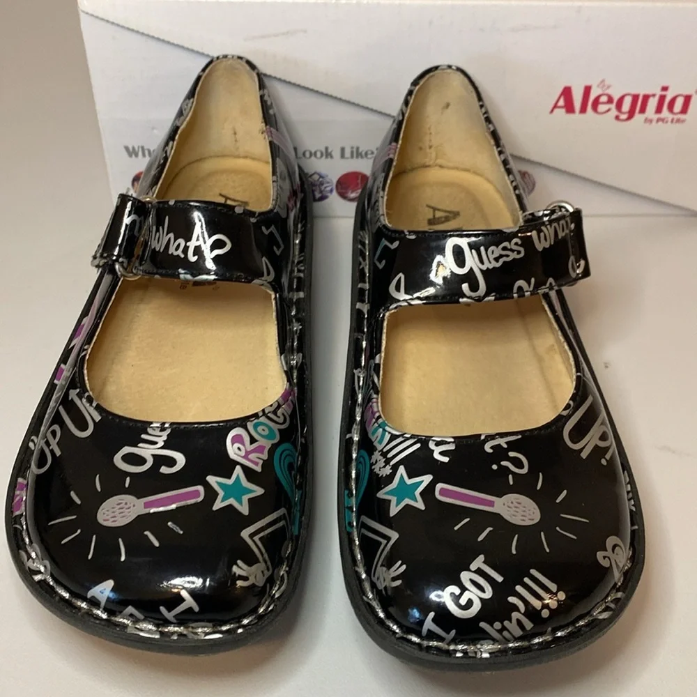 Alegria Rock Star Black Kids Dress Shoes with Patent Leather Finish Size 2